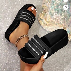 Women's Black Rhinestone Platform Slide Sandals